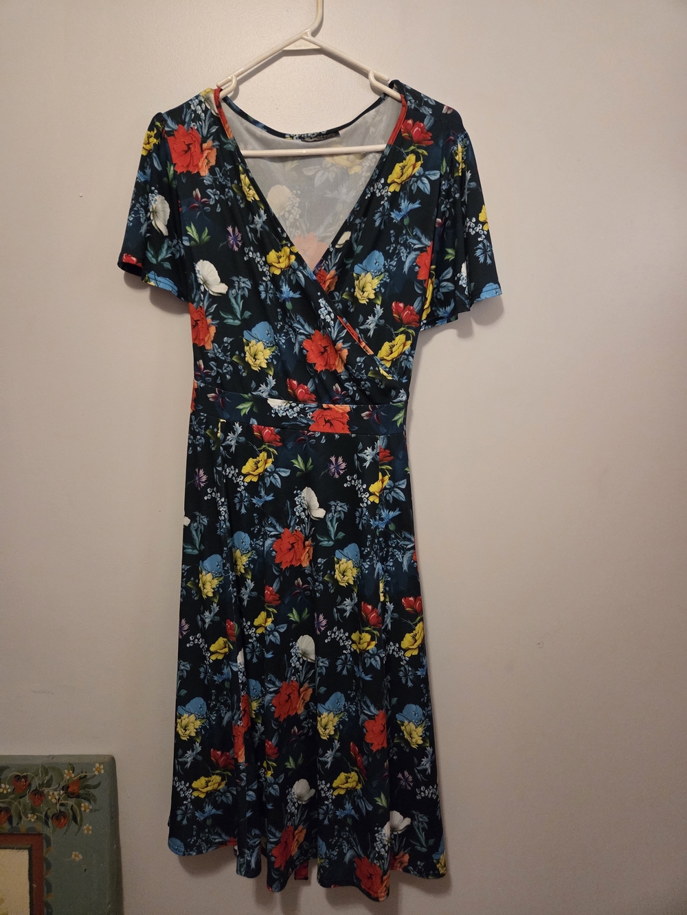 Floral V-Neck Wrap Midi Dress - Navy with Red & Yellow Flowers